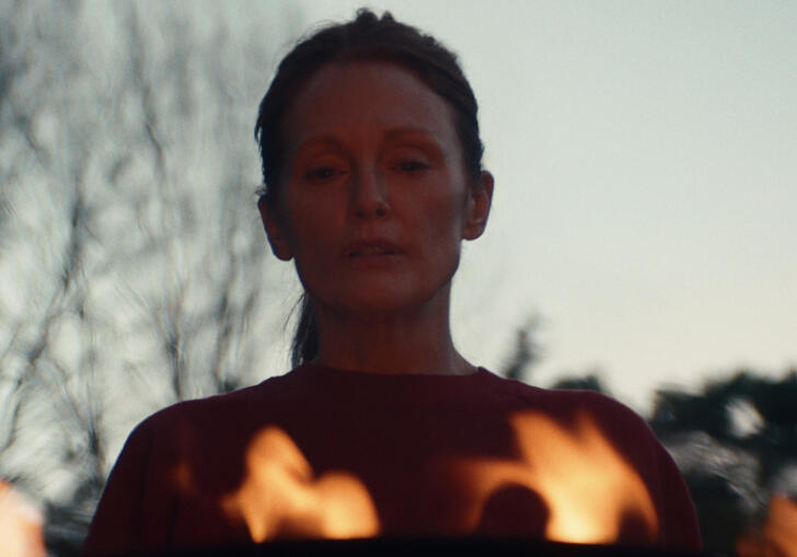 Julianne Moore looks down into fire