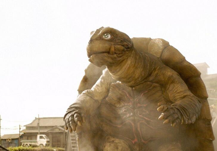 A film still showing Gamera, the turtle-like monster