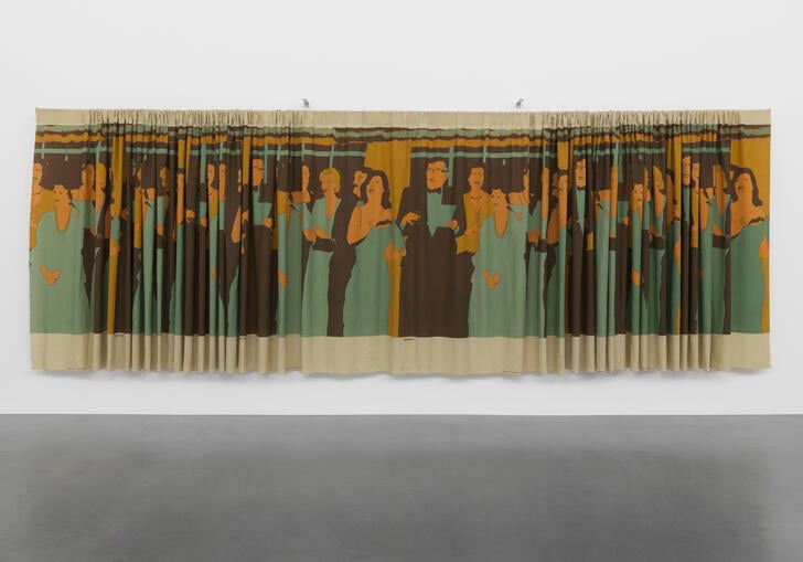 A painted curtain hangs in a gallery. On it, men and women in cocktail dress look forward. 