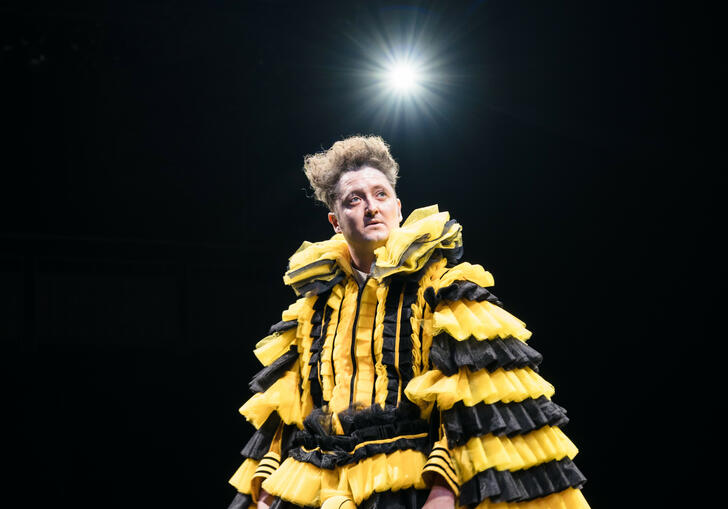 Malvolio stands on stage in a layered black and yellow costume, a light shines behind him.