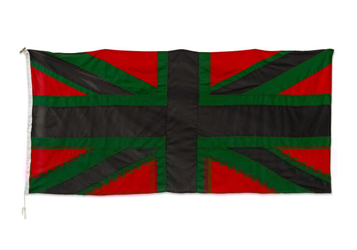 a union jack flag, presented in black green and red