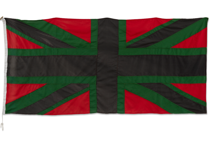 A Union Jack flag using the colours red, green and black.