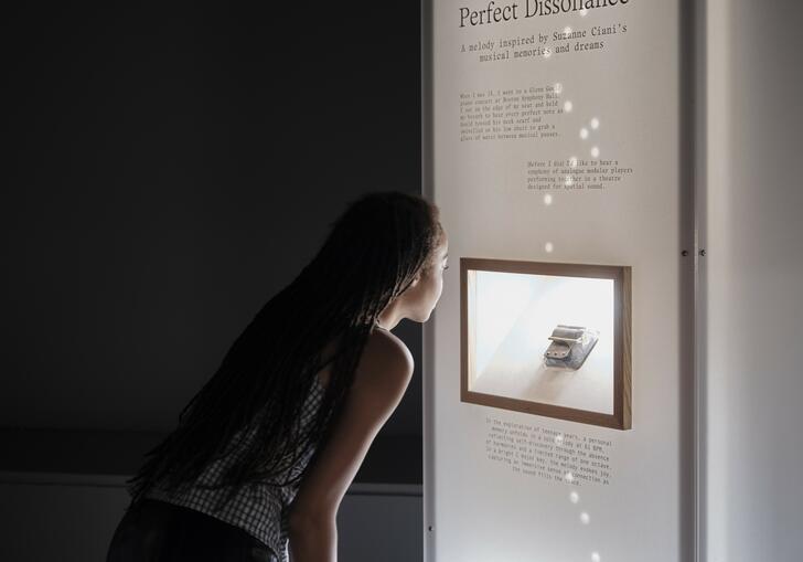 A woman leans in to look at a music box mounted in an illuminated pillar