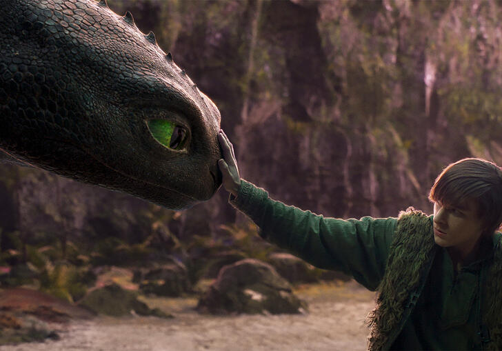 A black dragon is touched on the nose by a young man with brown hair