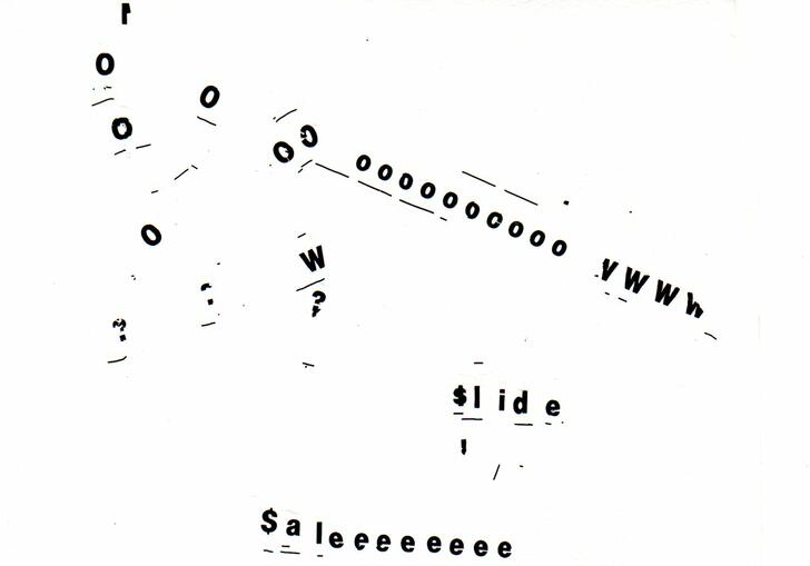 An abstract image of collaged text on a page