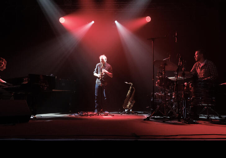 Mammal hands playing on stage  under a red light 