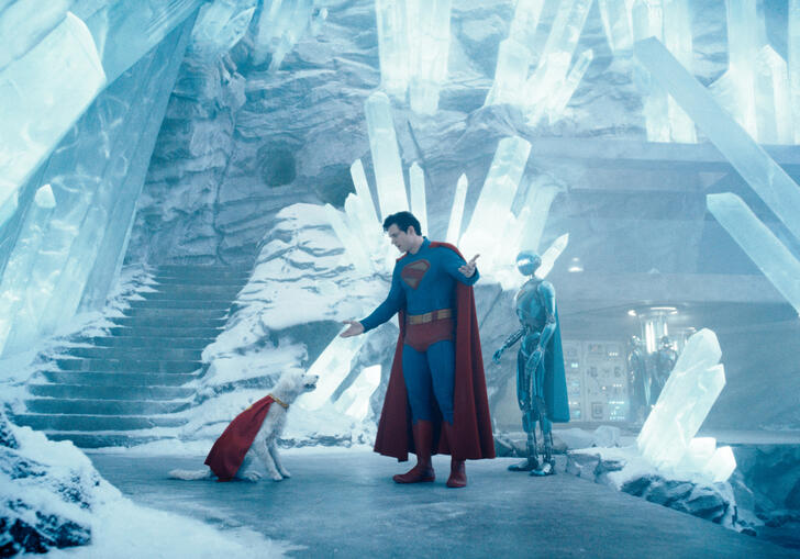 Superman plays with Superdog in his ice-cave