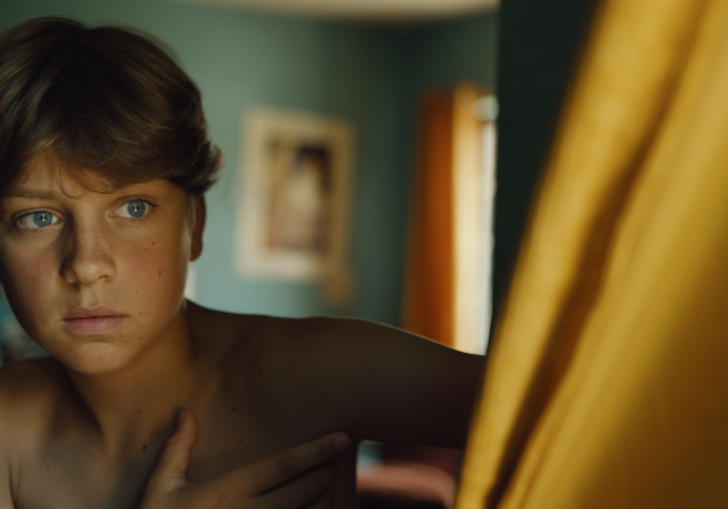 A young boy behind a curtain