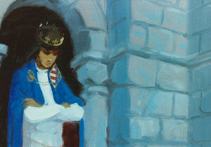 A forlorn looking king stares out the window of a castle