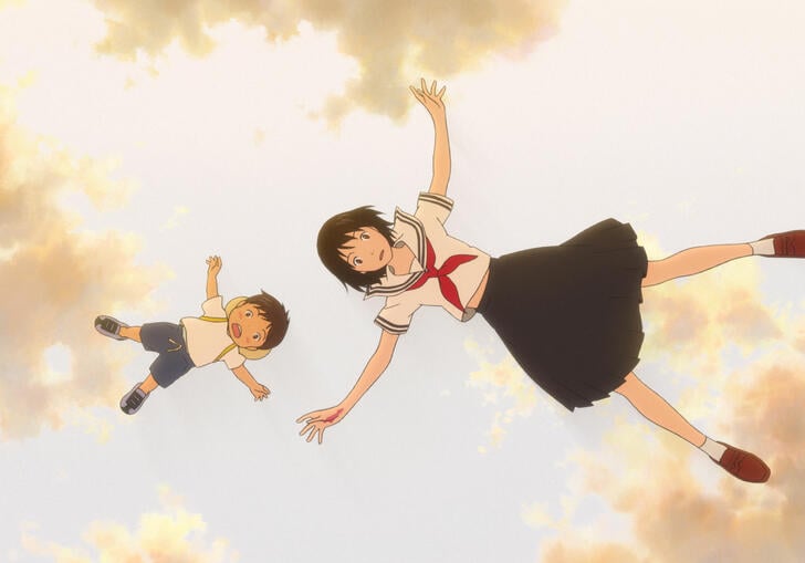 A school girl and a young boy falling from the sky 