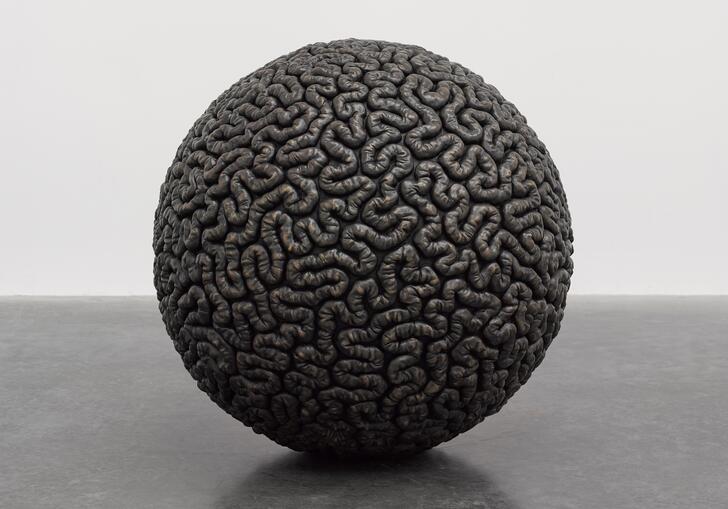 Mona Hatoum's sculpture Inside Out. It's a dark grey sphere made of bronze, with what resembles intestines covering the surface.