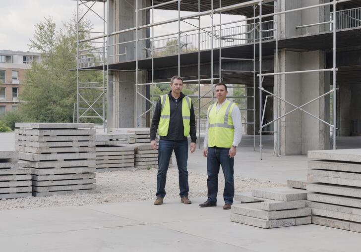 Two men in high vis jackets, standing in front of a high rise in construction.