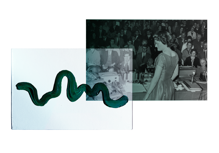 An image of Daphne Oram playing electronic music in front of a crowd 