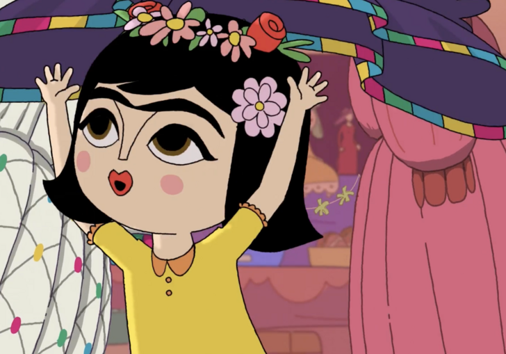 A young, animated Frida Kahlo raises her arms above her head