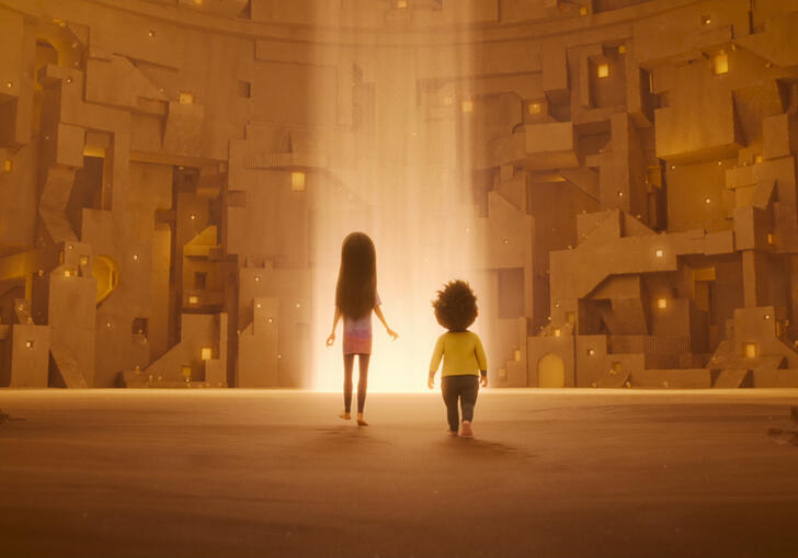 two siblings walking into a big open door.