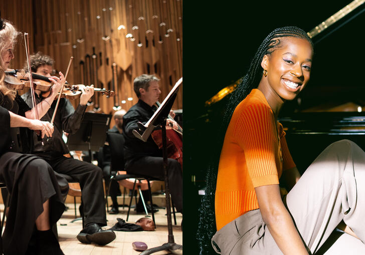 A collage of an image of an orchestra and Jeneba Kanneh-Mason