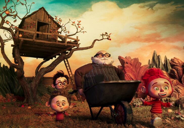 animated grandad and three kids in front a treehouse 