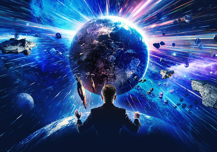 A conductor standing in front of the solar system with a blue hue 