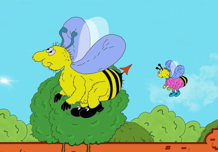 Two animated bees fly in the air