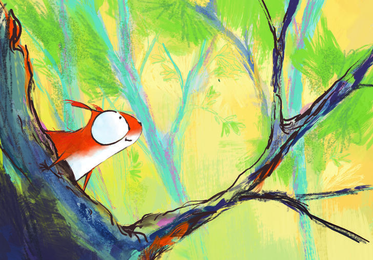 A squirrel pokes his head out of the tree