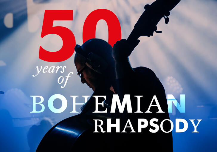 Silhouette of a musician playing a double bass under blue stage lights, with large text reading “50 years of Bohemian Rhapsody” in bold red and white lettering.