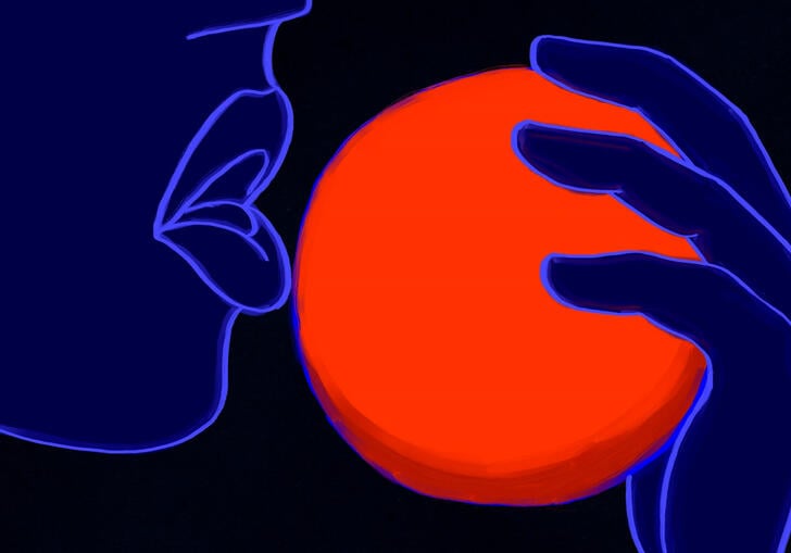 An animated person eating an orange