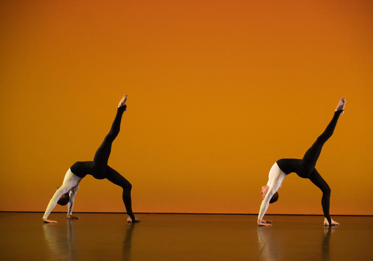 A photo of two dancers from the Michael Clark Company against an orange background.