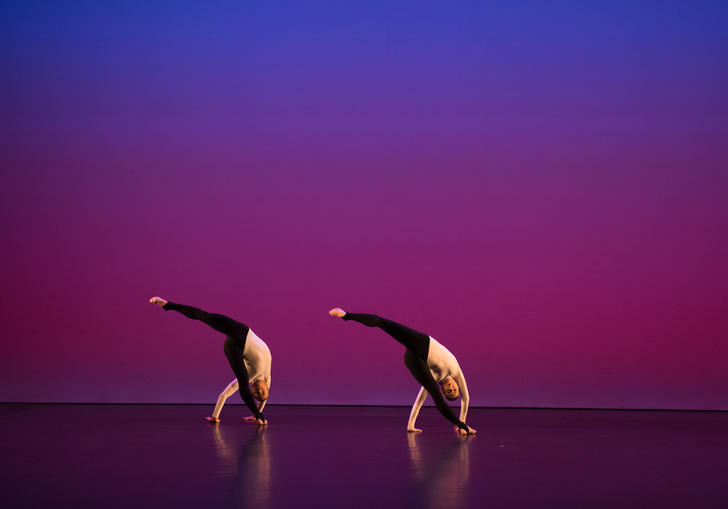 A coloured image showing two dancers from the Michael Clark Company against a blue and pink background