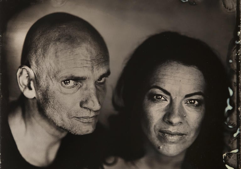 Photo of two people in black and white