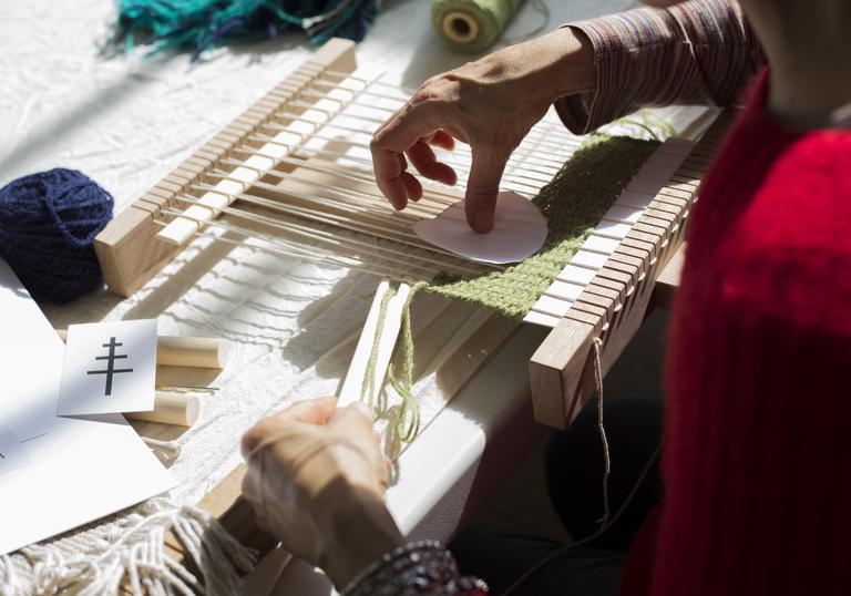 Detail of weaving workshop with Christabel Balfour featuring loom