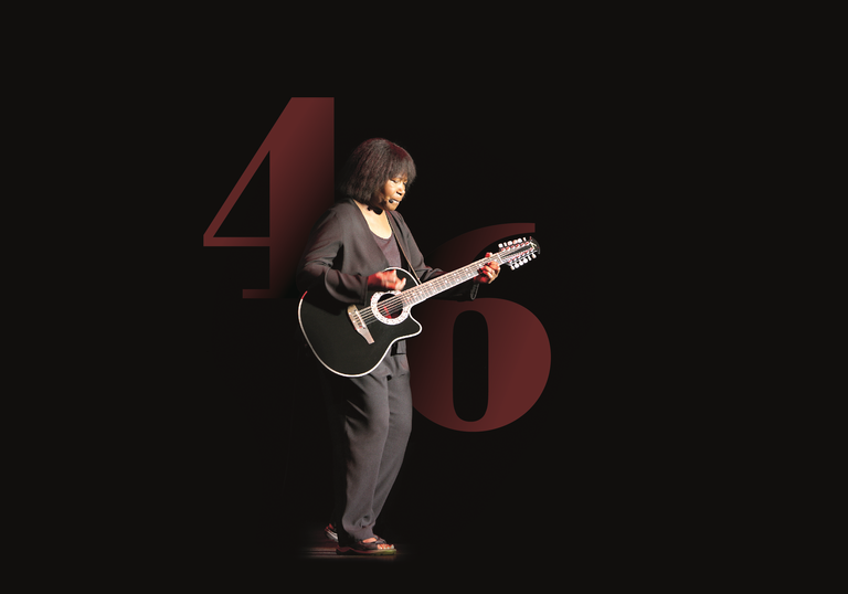 Joan Armatrading standing jauntily with her guitar in front of some giant numbers