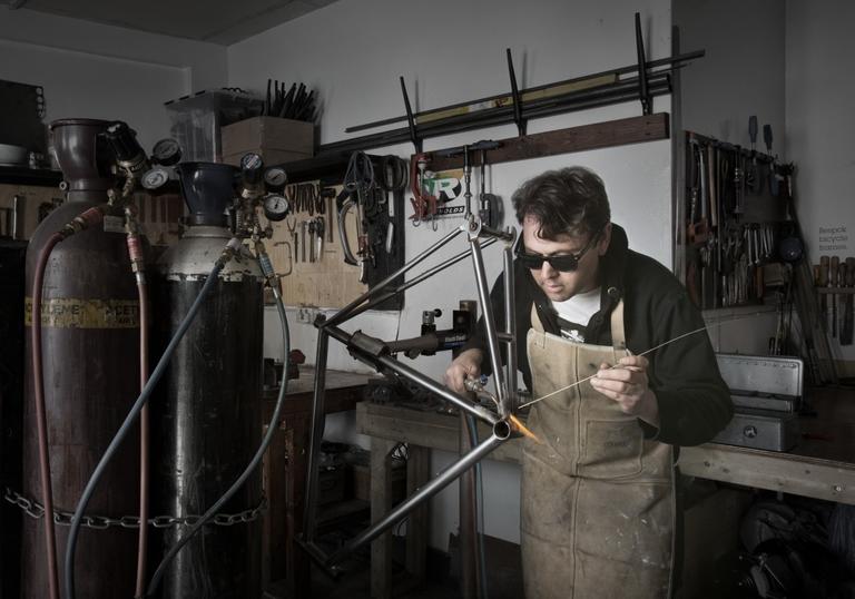 Close up of Saffron Frameworks bike-building studio featuring bike building tools