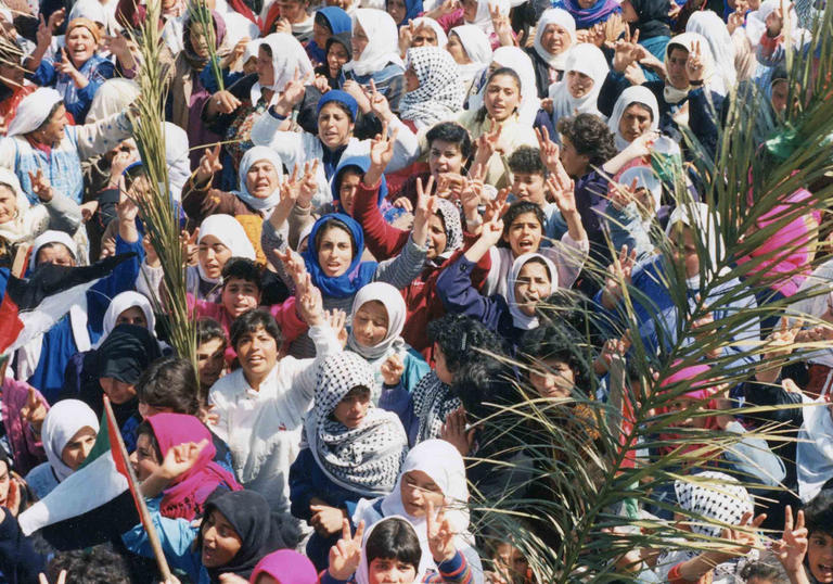 A still showing the First Antifada demonstration from Naila and the Uprising