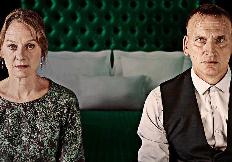 Images of a woman on the left and a man on right. Sat on the edge of a bed in formal clothes