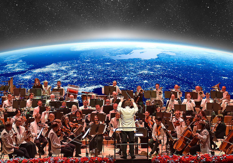 Orchestra performing in front of planet Earth