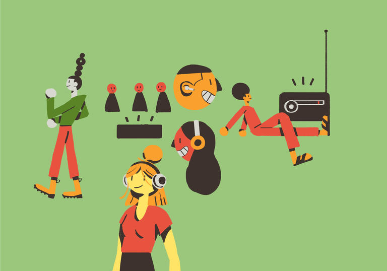 illustration of people listening to music