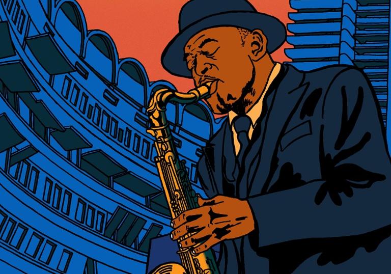 An illustration of Archie Shepp playing saxophone at the Barbican