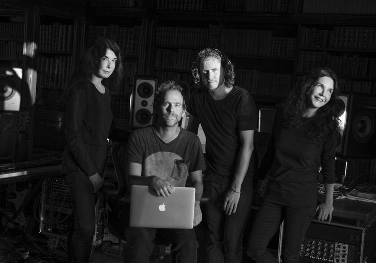 Katia and Marielle Labéque with Bryce Dessner and David Chalmin and a laptop in the studio.