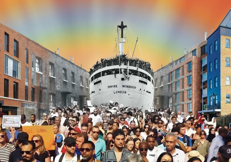 An artists imagining of the HMS Windrush coming in to dock in a contemporary UK city