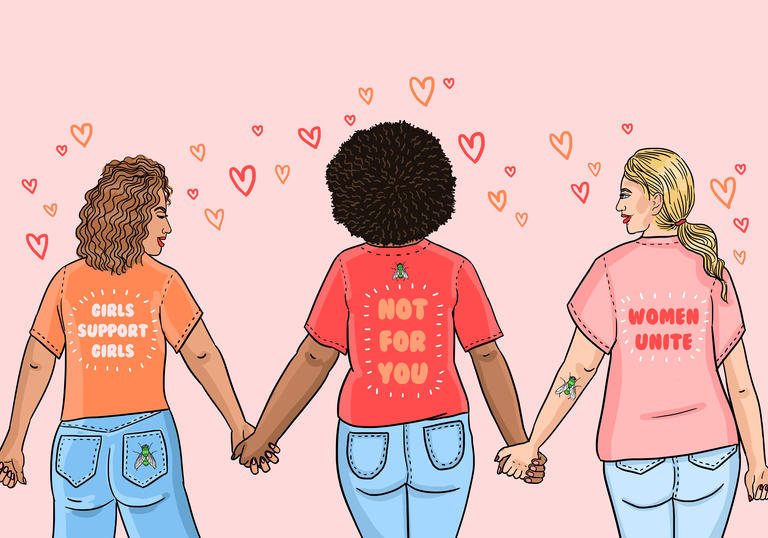 An illustration of three diverse women holding hands