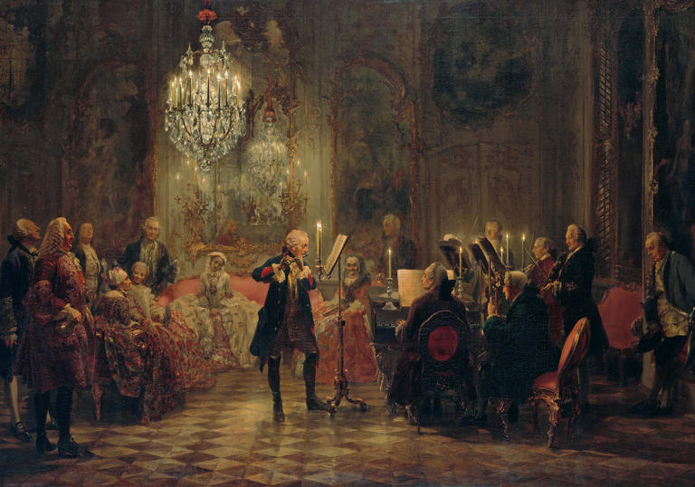 Painting by Adolph Menzel of a flute concert for Frederick the Great