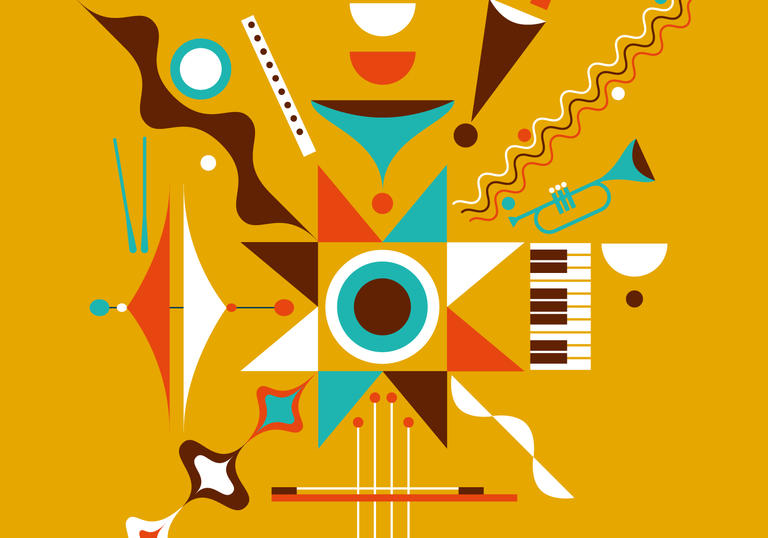 illustration of various music notes on yellow background