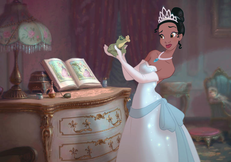 Princess Tiana in a blue gown holding a frog and looking unimpressed