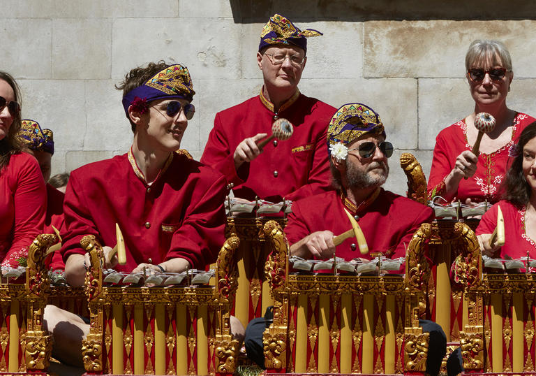 Members of Gamelan Lila Cita performing outside LSO St Luke's