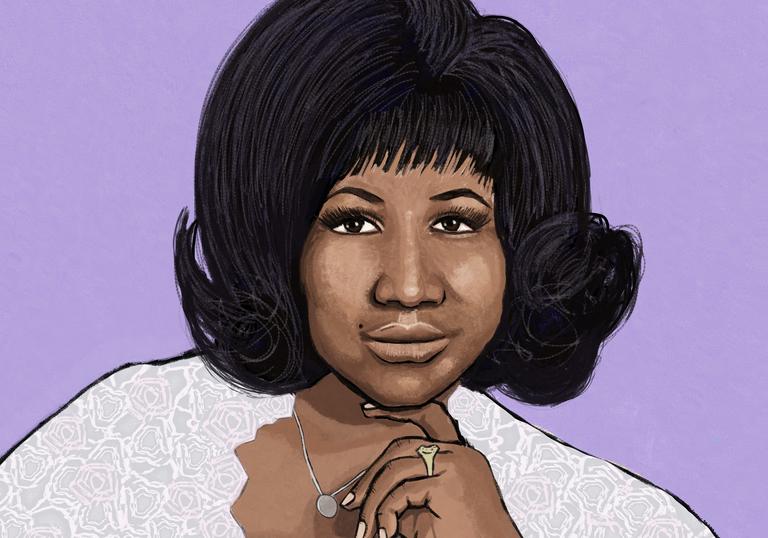 Colourful illustrations of Aretha Franklin and the performers
