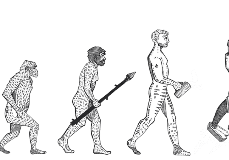 illustration of a monkey becoming a man through the stages of evolution