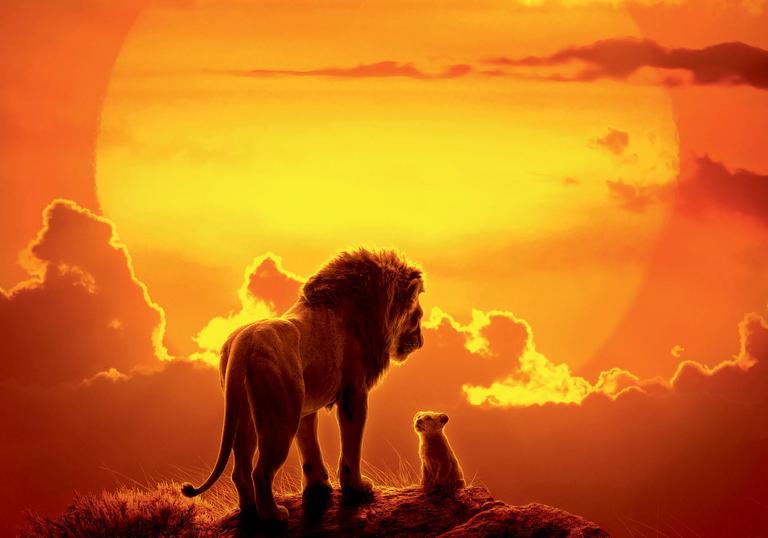 simba and mufasa in front of the sunset