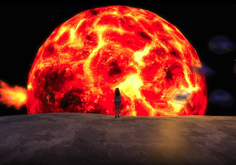 Animated woman stands in front of a burning sun