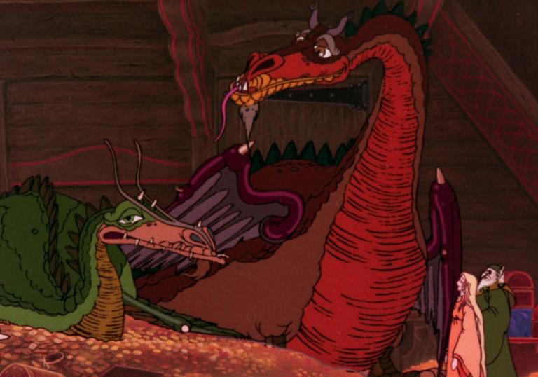 two dragons, one green and one red, sit on a pile of gold with a wizard looking at them