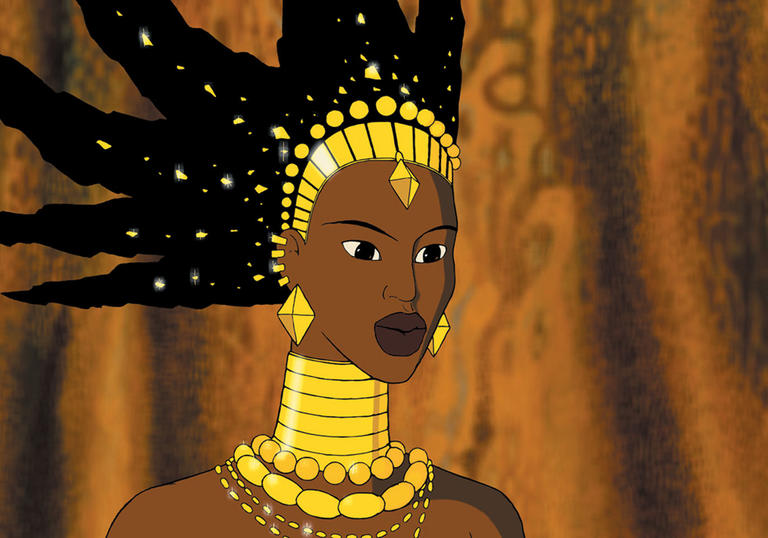 animated image of a tall black woman wearing lots of gold jewellery 